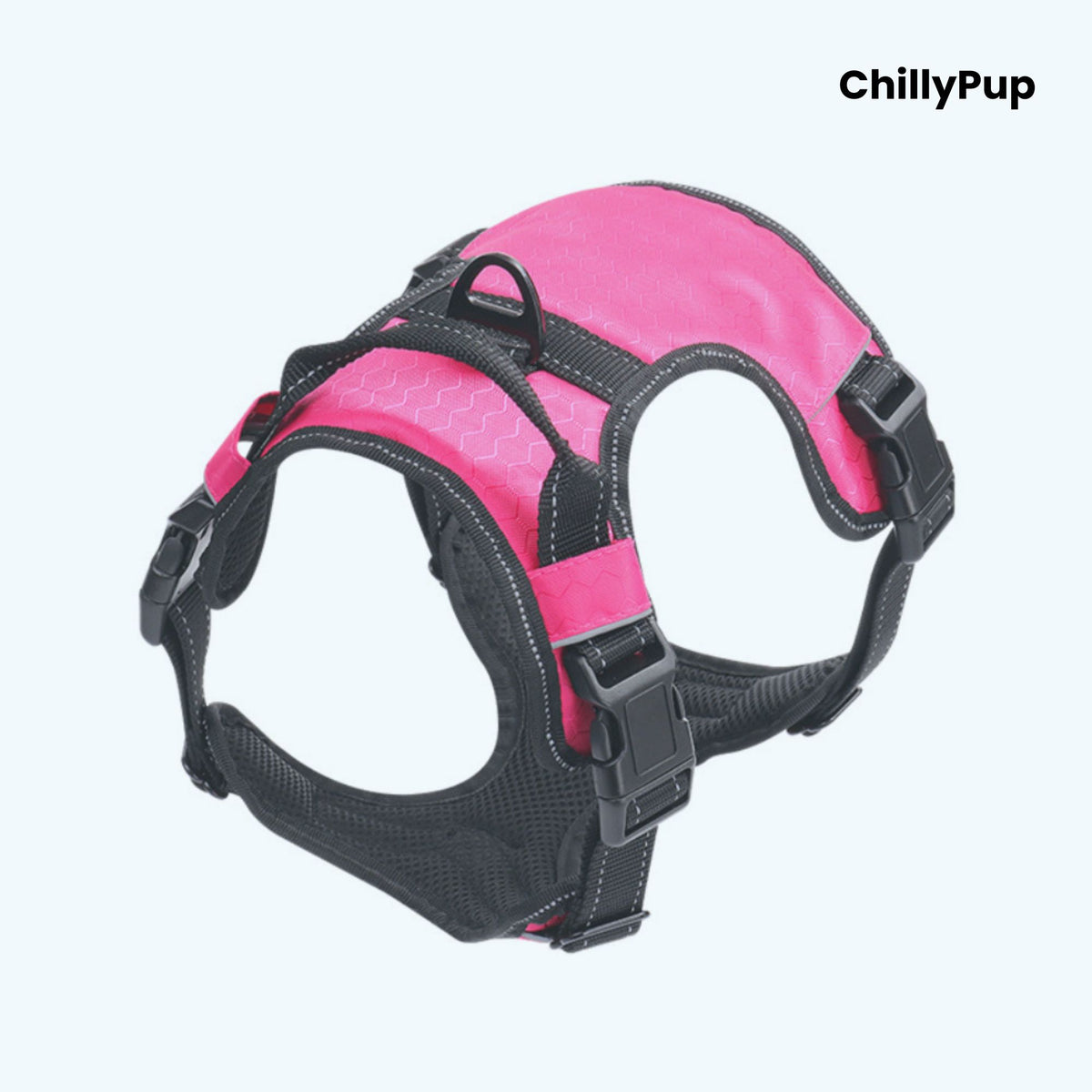 Pink and black dog harness on a white background with 'ChillyPup' branding