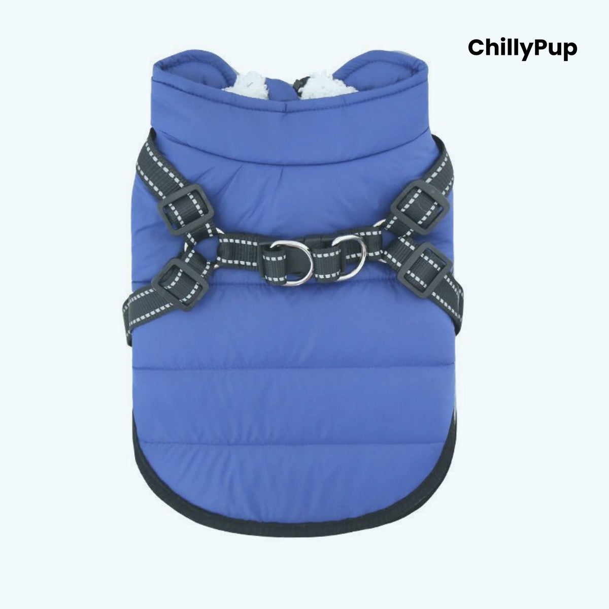Dog coat with build in harness on a white background branded with chillypup