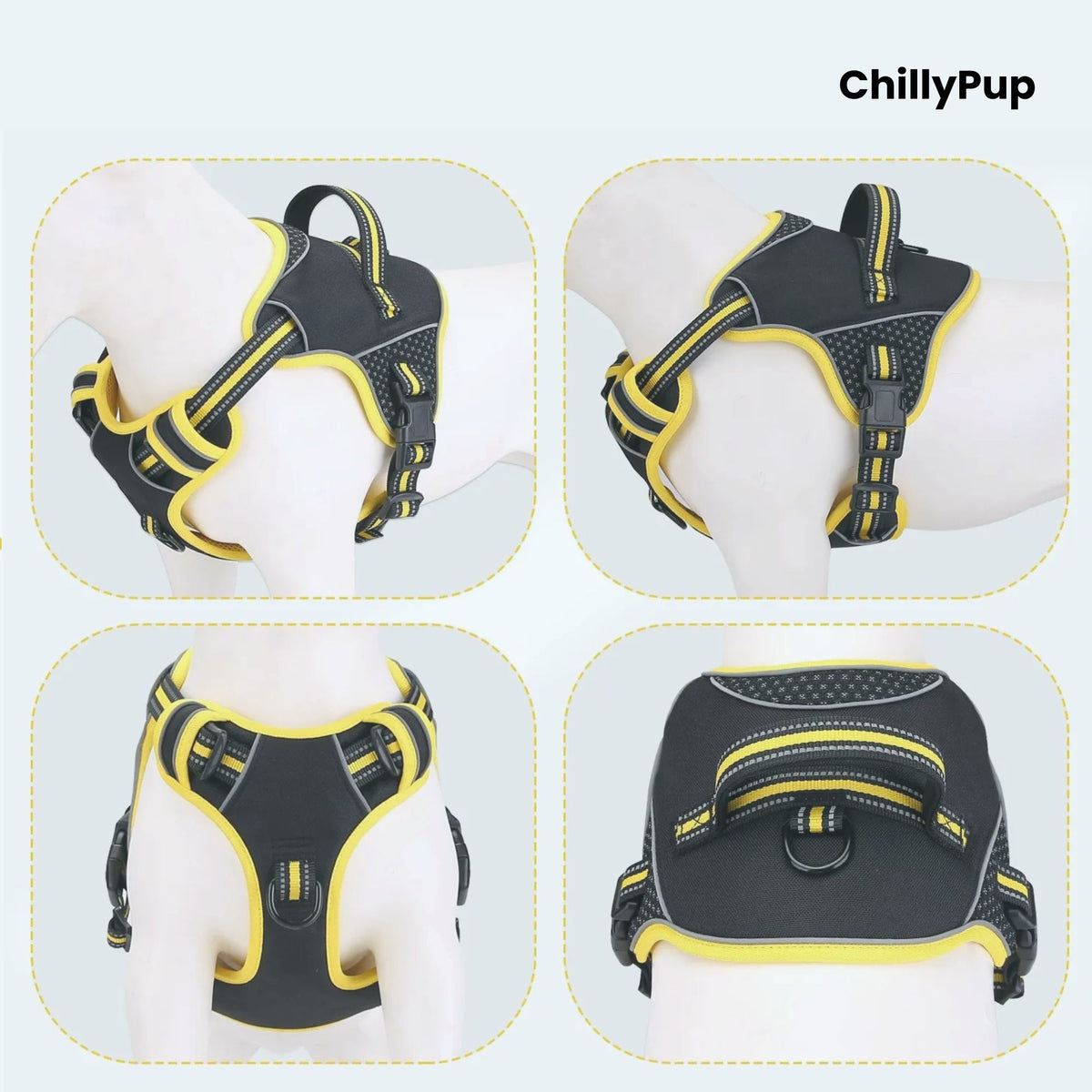 Black and yellow dog harness shown from multiple angles on a white background with 'ChillyPup' branding.