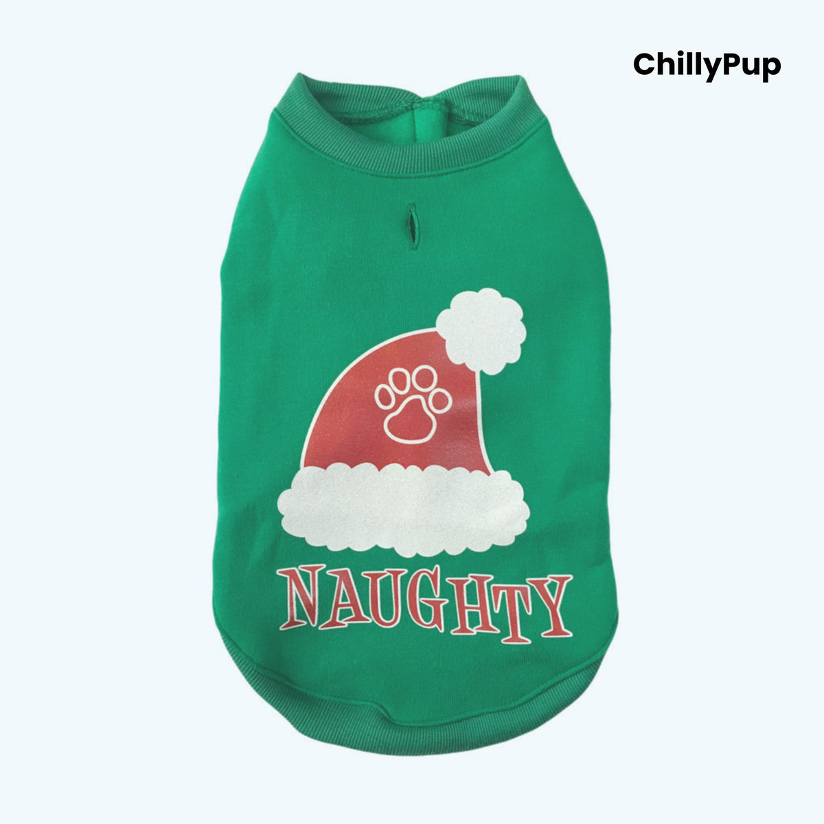 Green dog sweater with a red Santa hat and 'NAUGHTY' text on a white background, branded 'ChillyPup'.