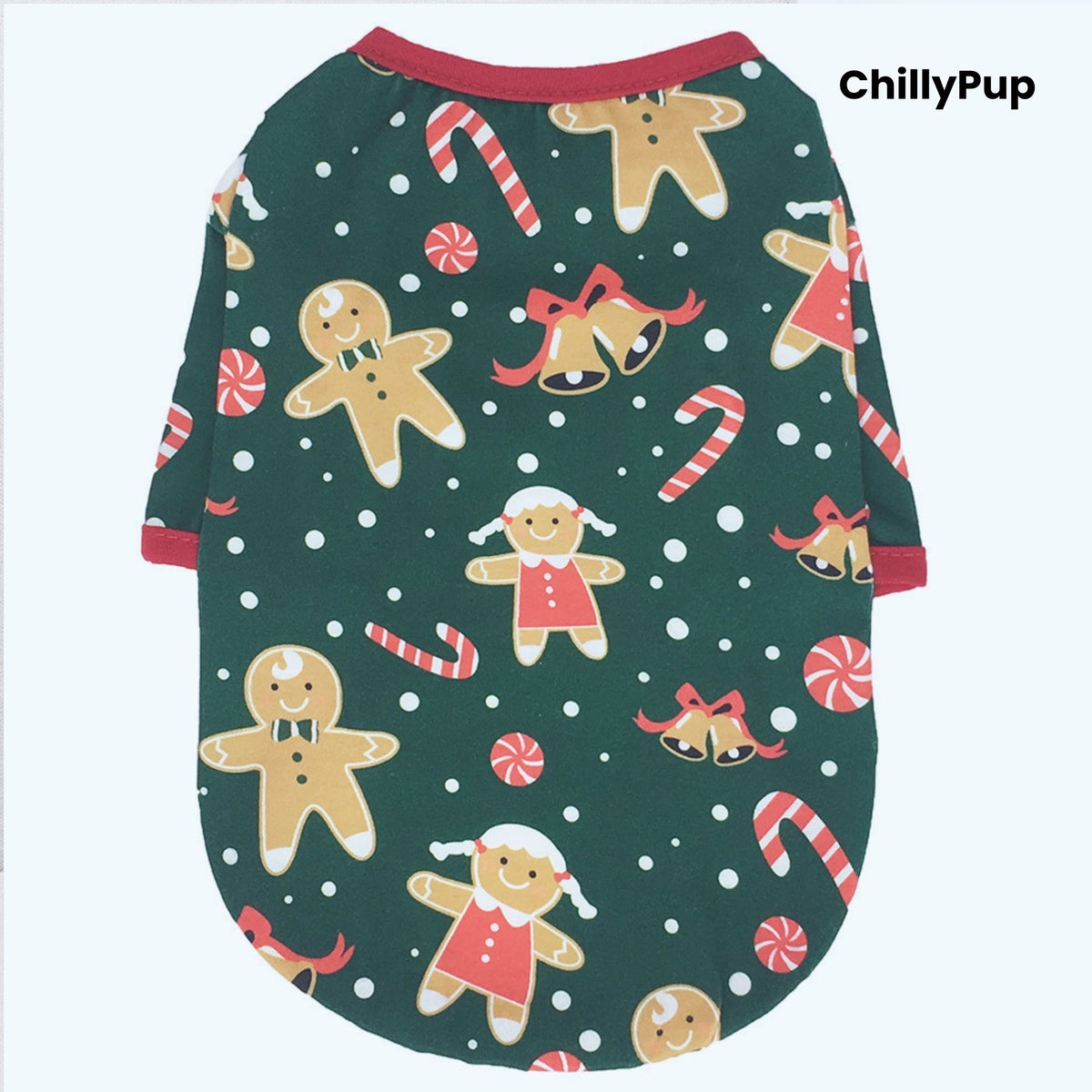 Dog christmass thin jumper on a white background with Chillypup branding.
