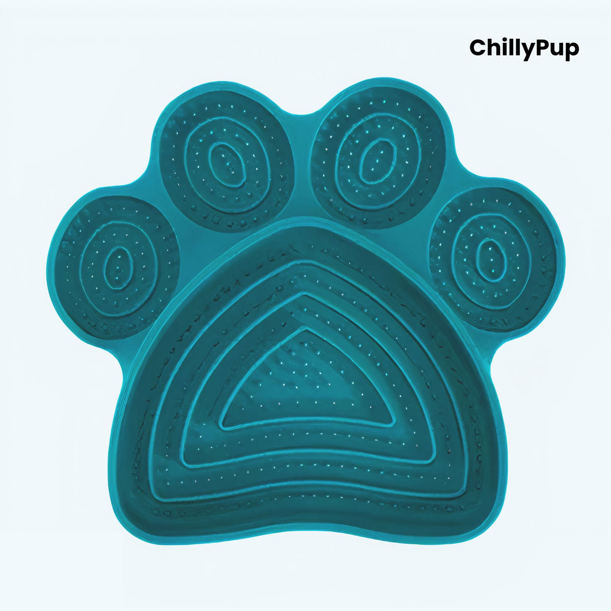 Dark Blue paw-shaped pet lick pad with 'ChillyPup' branding on a white background