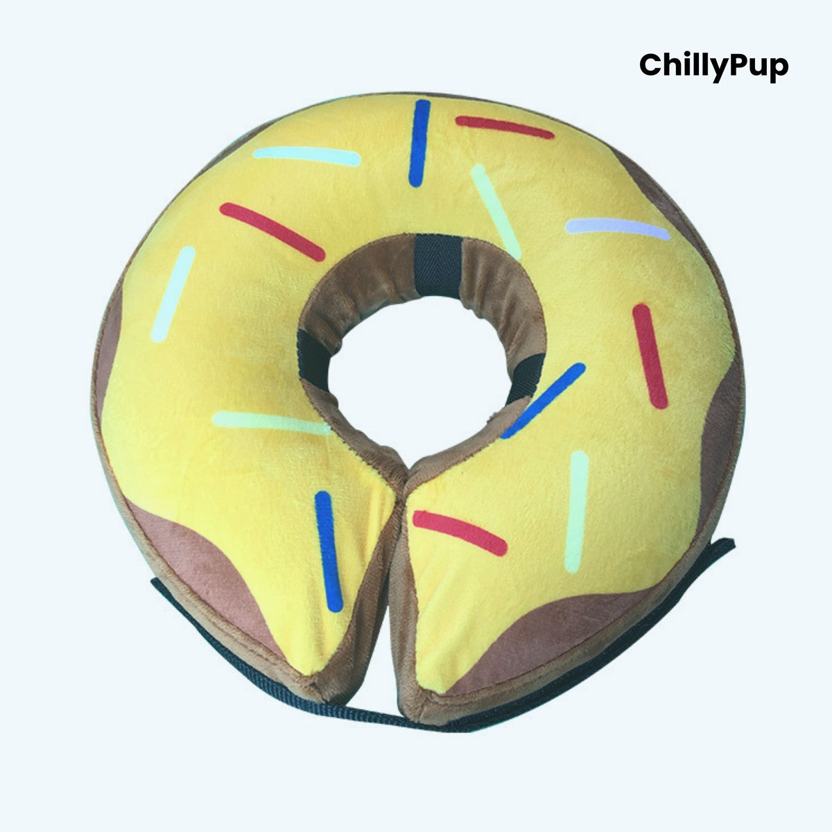 Doughnut-shaped pet cone with colourful sprinkles on a white background, branded 'ChillyPup'.