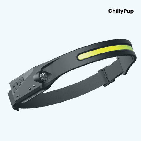 Black and yellow headlamp with 'ChillyPup' branding on a white background