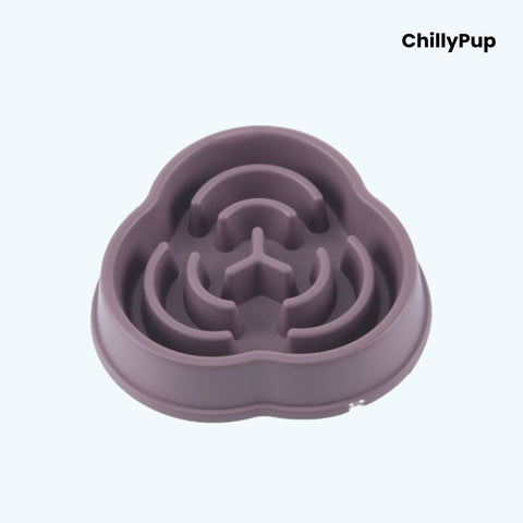 Purple silicone pet bowl with maze design on a light blue background, branded 'ChillyPup'.