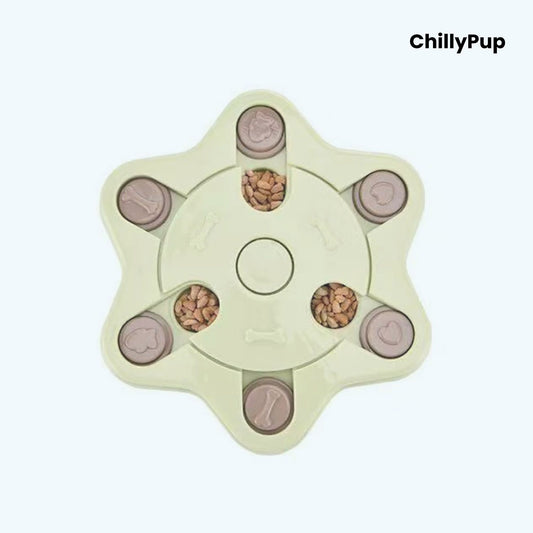 Pet toy with compartments filled with treats on a white background, branded 'ChillyPup'.