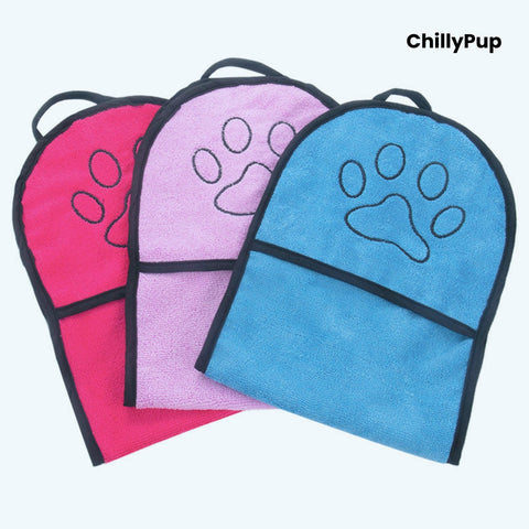 Three pet hand towels in pink, purple, and blue with paw prints on a white background, branded 'ChillyPup'.