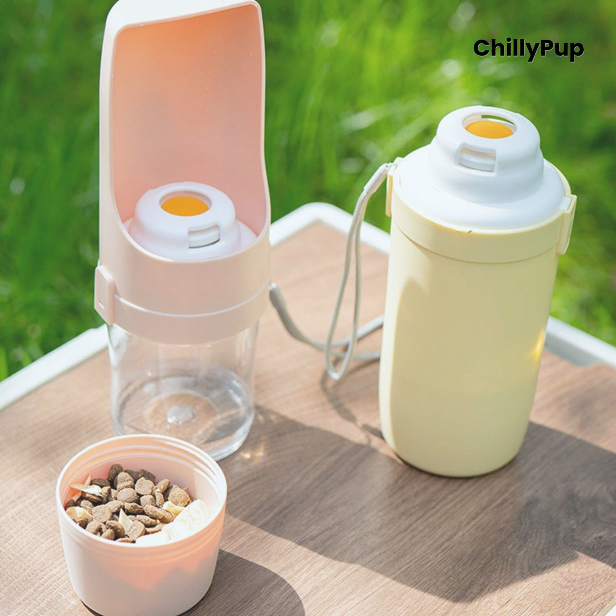 Portable dog water bottle with measurement details on a light background, featuring the brand 'ChillyPup'.