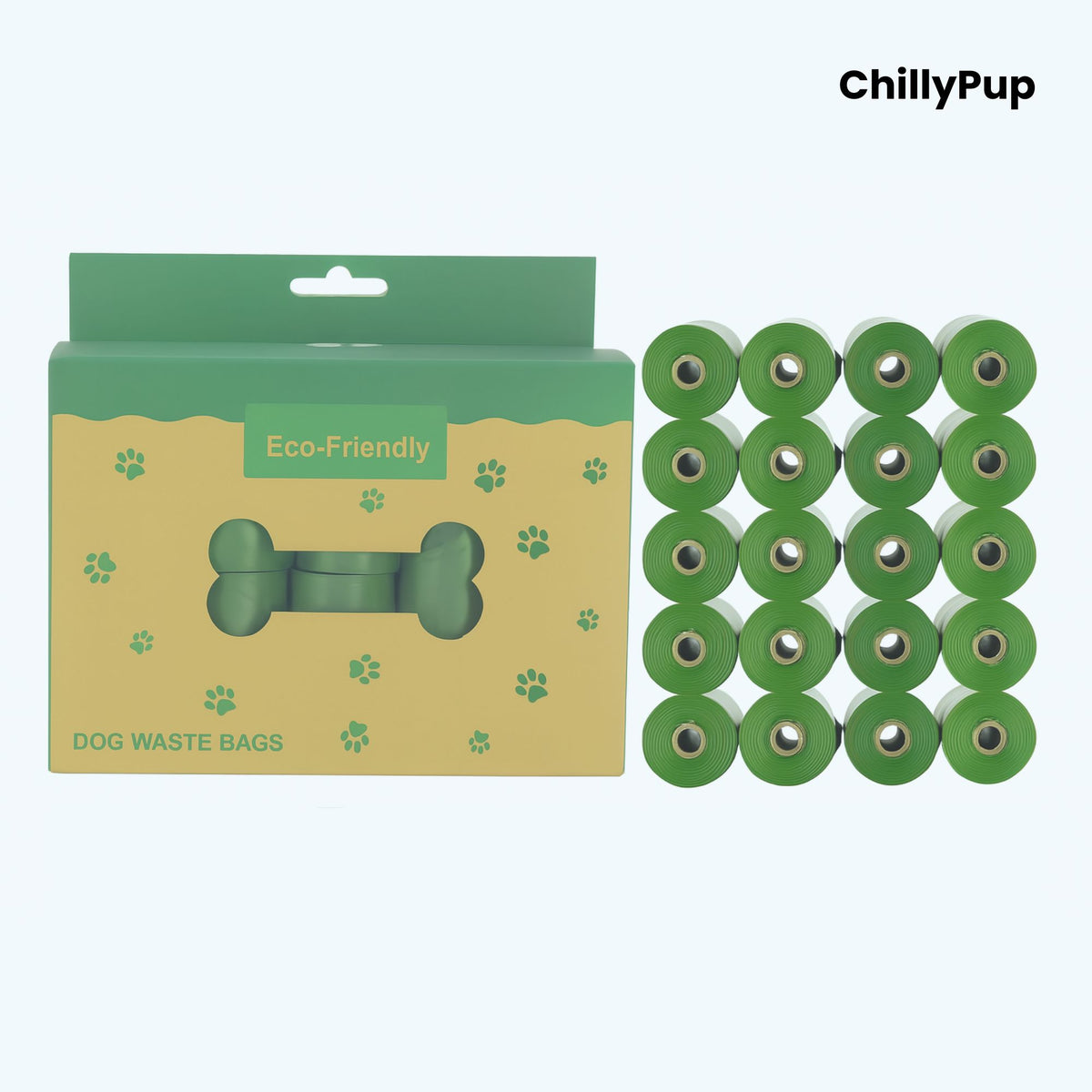 20 Green dog waste bags with packaging labelled 'Eco Friendly' on a white background