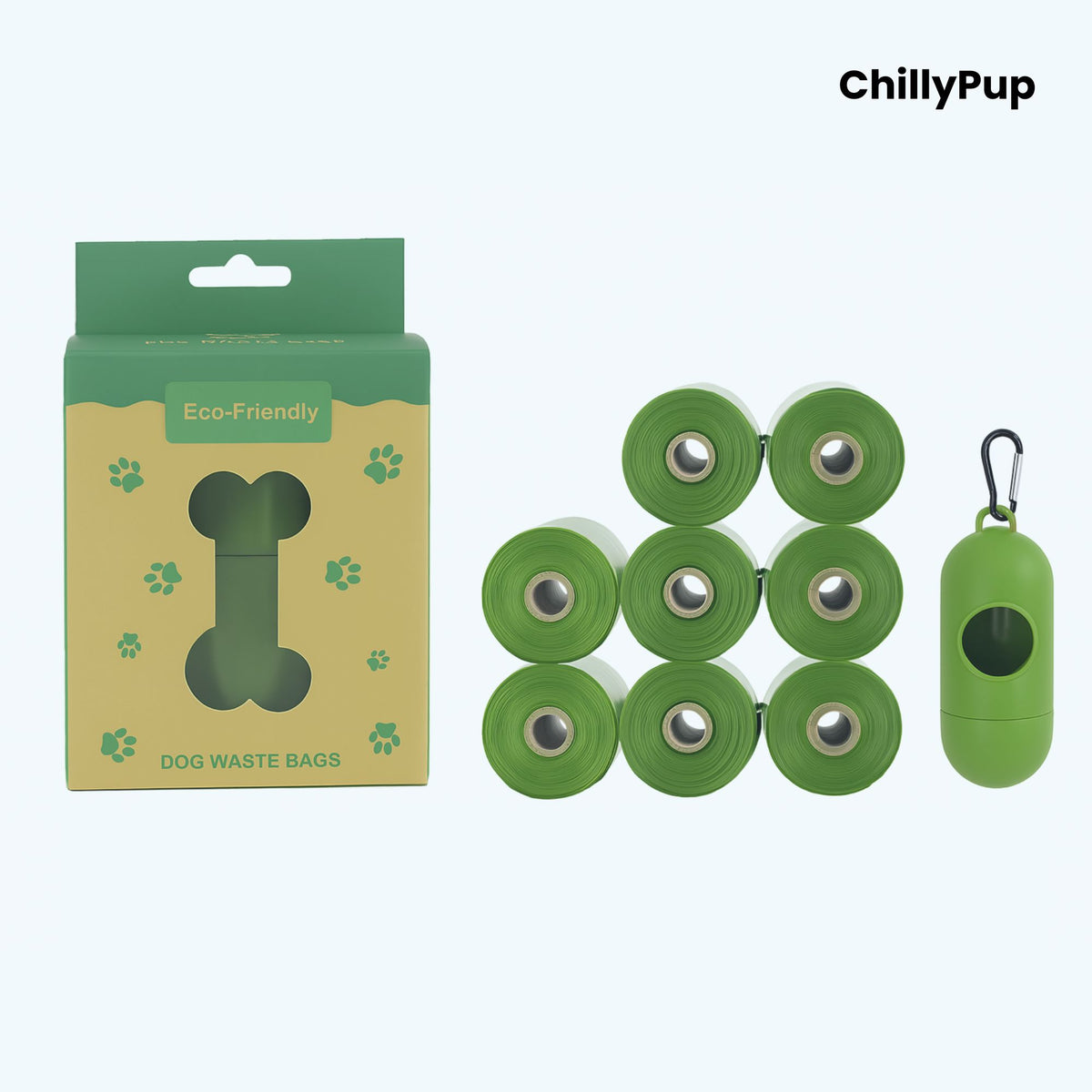 8 Green dog waste bags & holder with packaging labelled 'Eco Friendly' on a white background