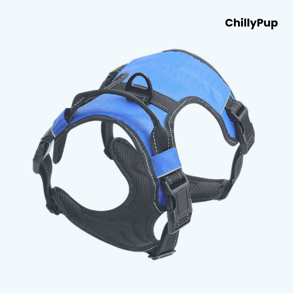 Blue and black dog harness on a white background with 'ChillyPup' branding