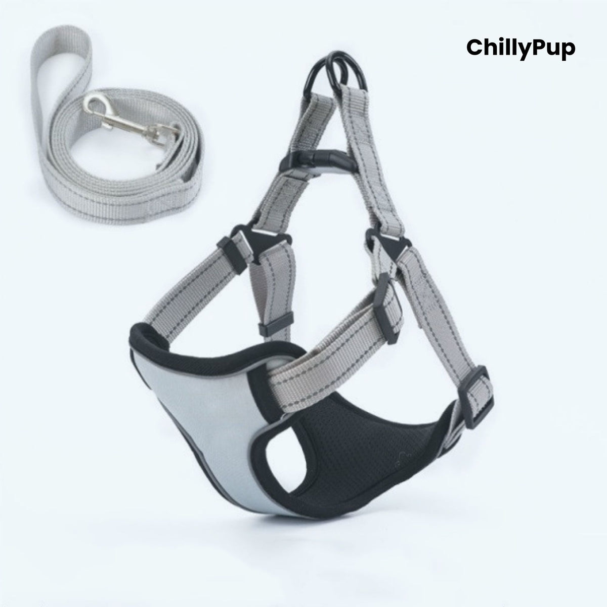 Grey dog harness and lead set with 'ChillyPup' branding on a white background