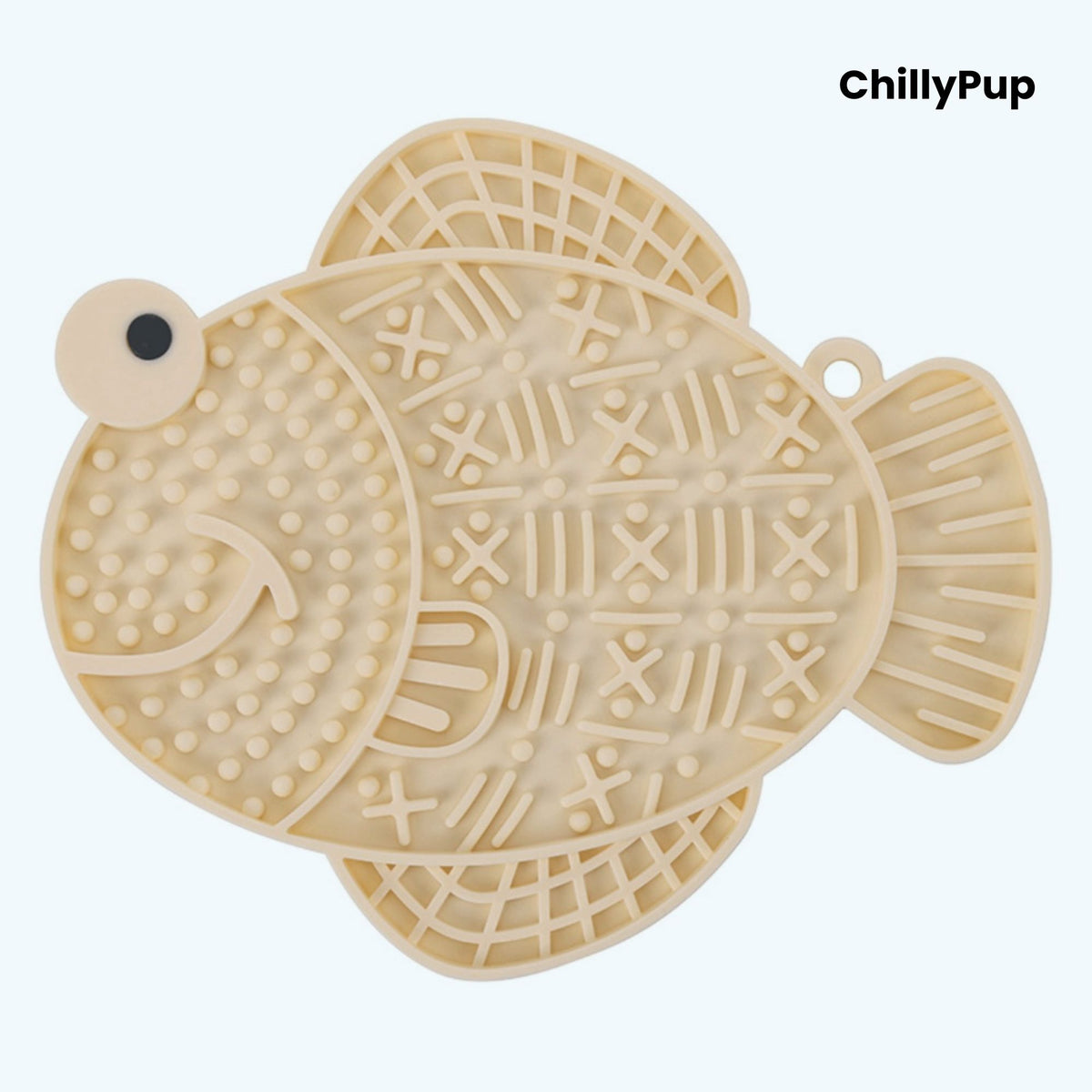 Apricot fish-shaped dog lick pad on a white background, branded 'ChillyPup'.