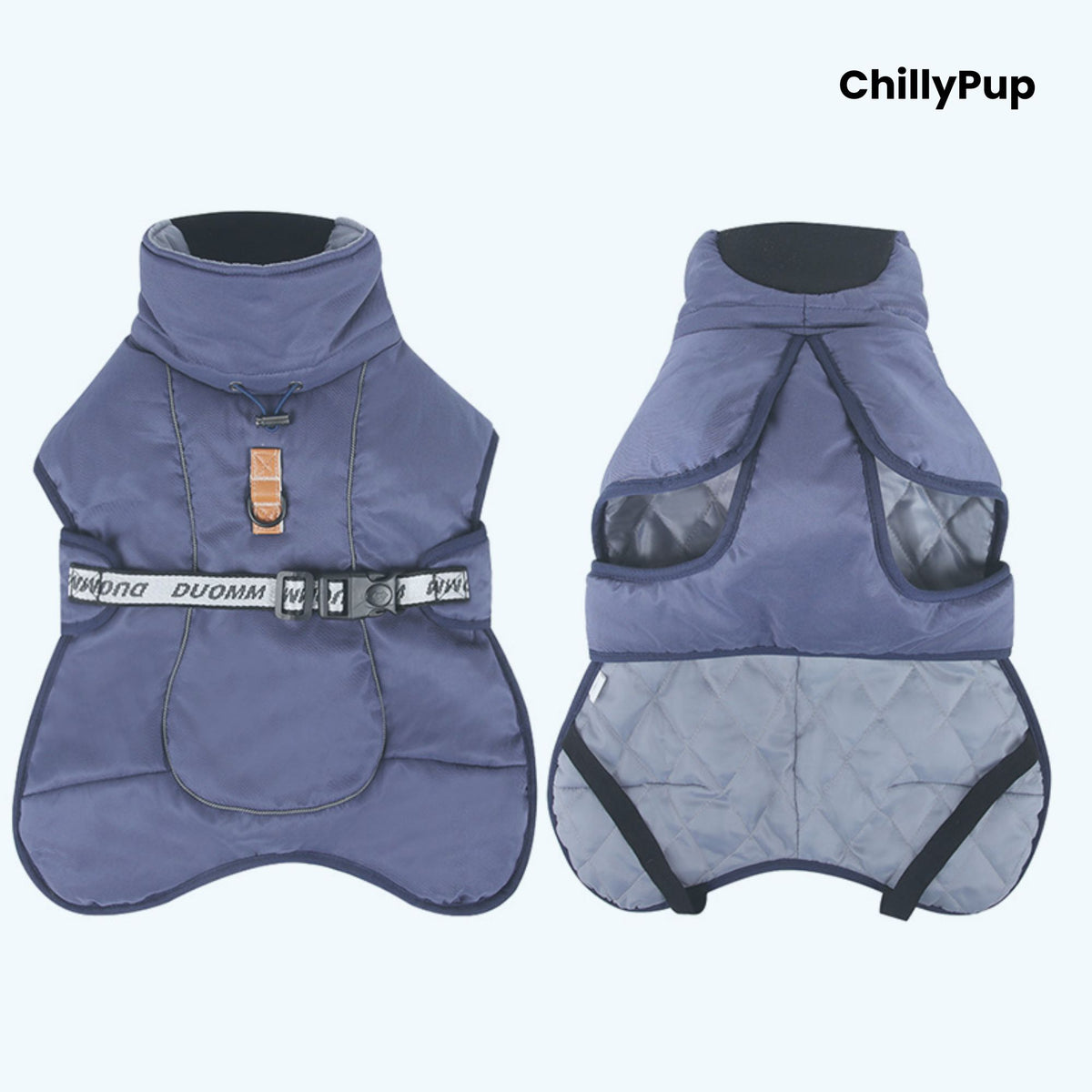 ArcticFlex Padded Dog Coat on a white background with ChillyPup branding.
