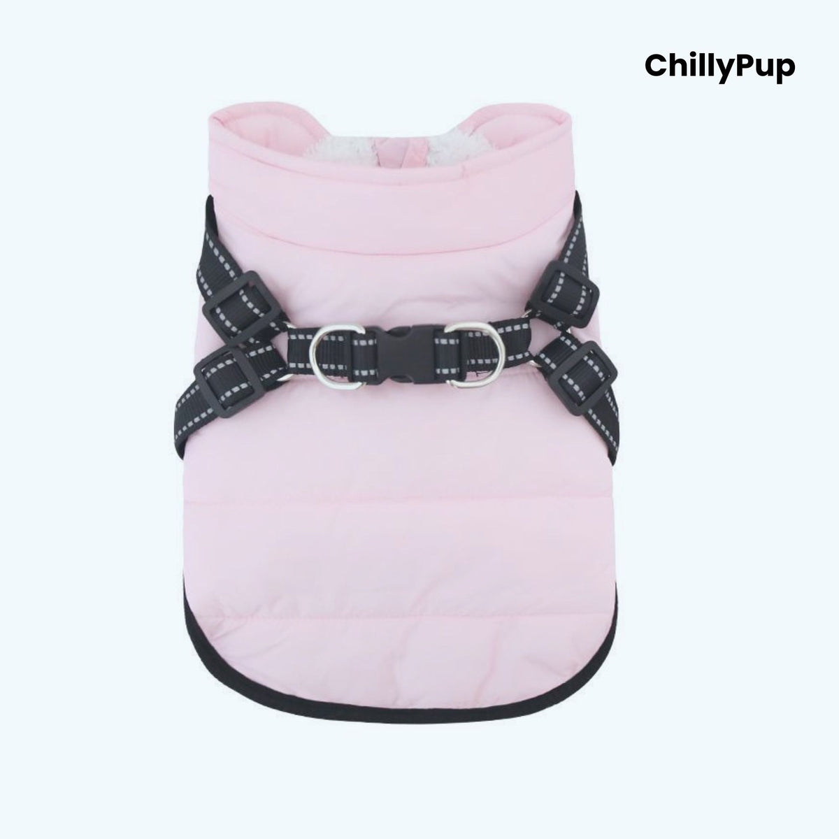 Dog coat with build in harness on a white background branded with chillypup 