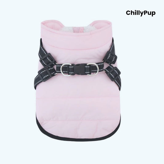 Dog coat with build in harness on a white background branded with chillypup 