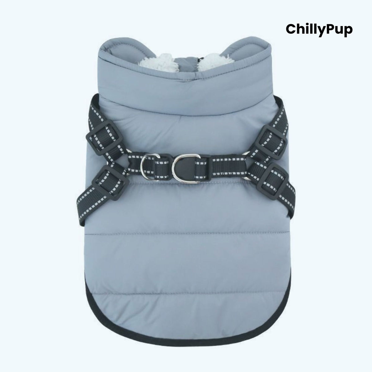 Dog coat with build in harness on a white background branded with chillypup 