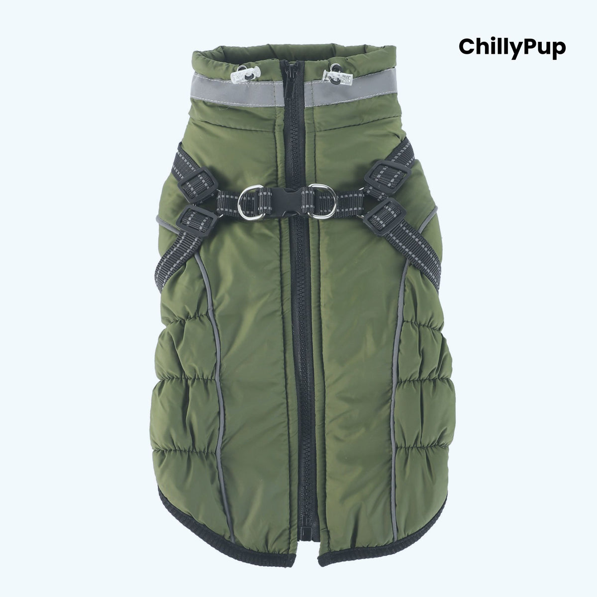 Arctic Core Harness Dog Coat on a white background with 'chillyPup branding