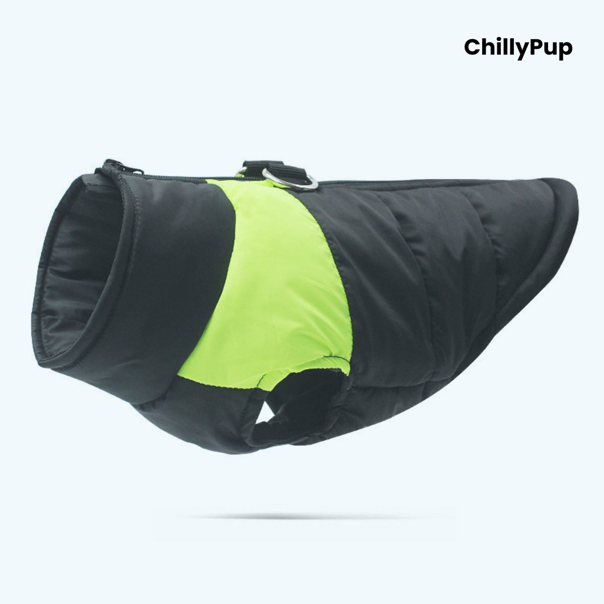 Dog puffer coat with 'ChillyPup' branding on a white background