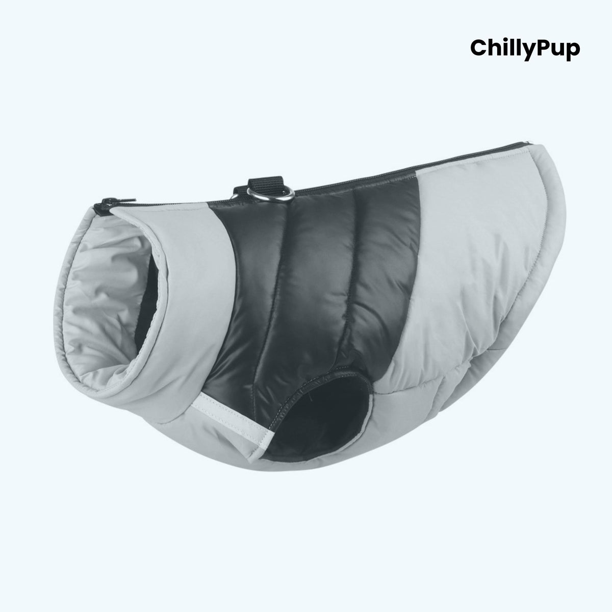 Dog puffer coat with 'ChillyPup' branding on a white background
