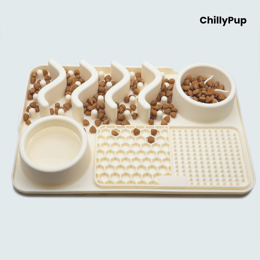 Beige pet feeding mat with two bowls  on a light grey background, branded 'ChillyPup'.
