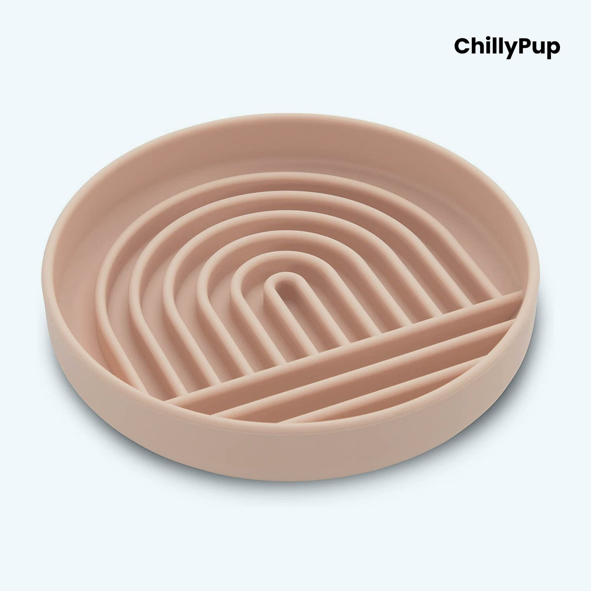 Beige silicone bowl with wavy design on a white background, branded 'ChillyPup'.