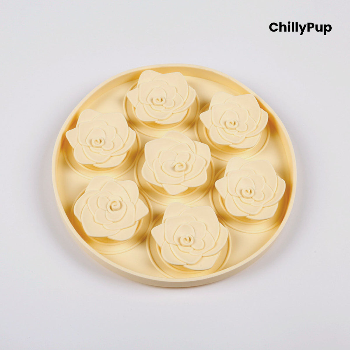 Silicone forage bowl with floral shapes on a white background, branded 'ChillyPup'.