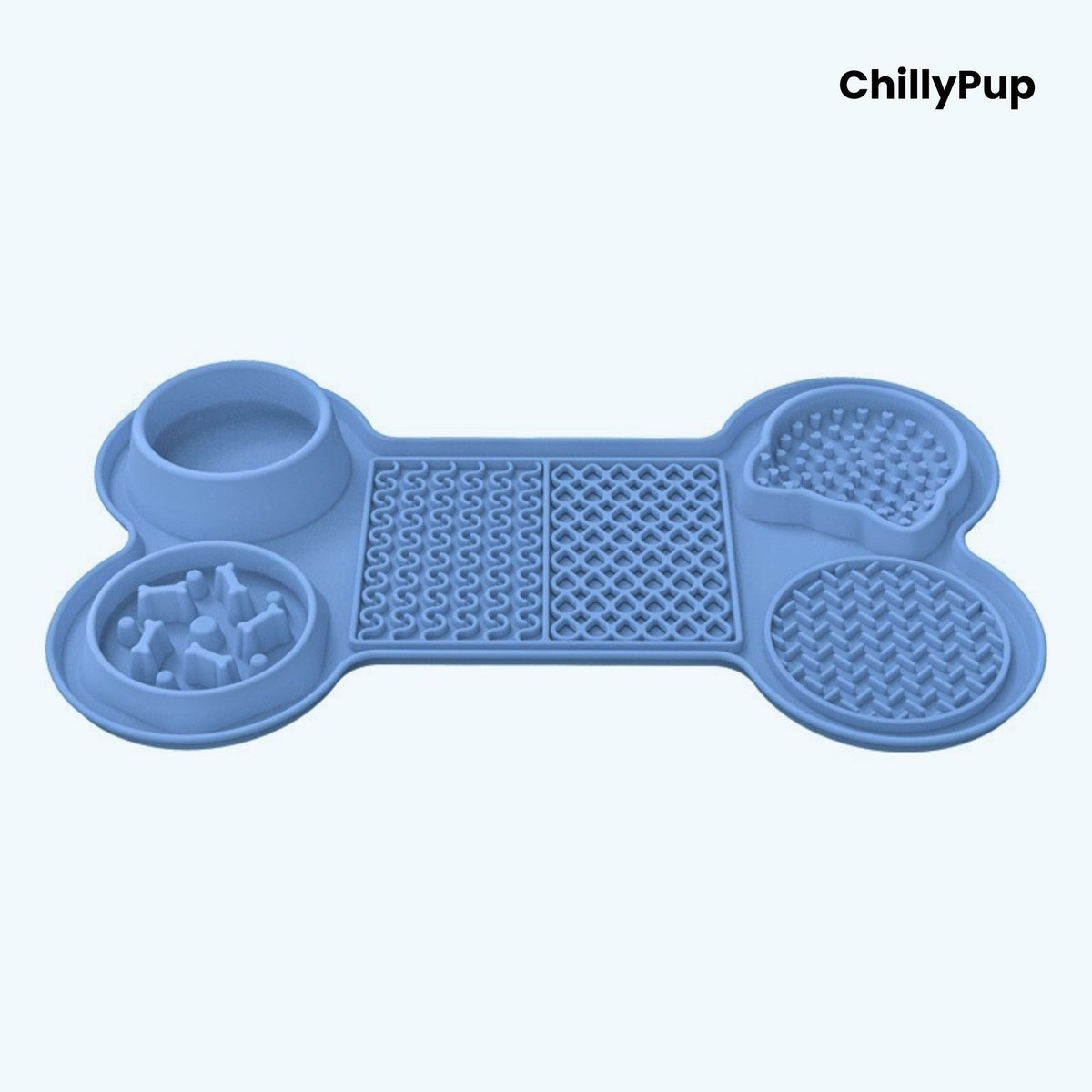 Blue bone-shaped pet mat with multiple compartments on a white background, branded 'ChillyPup'.