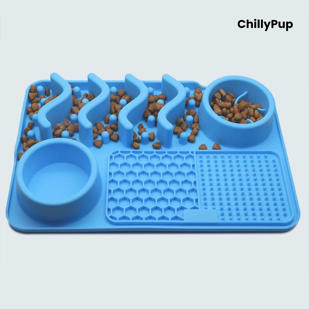 Blue pet feeding mat with two bowls  on a light grey background, branded 'ChillyPup'.