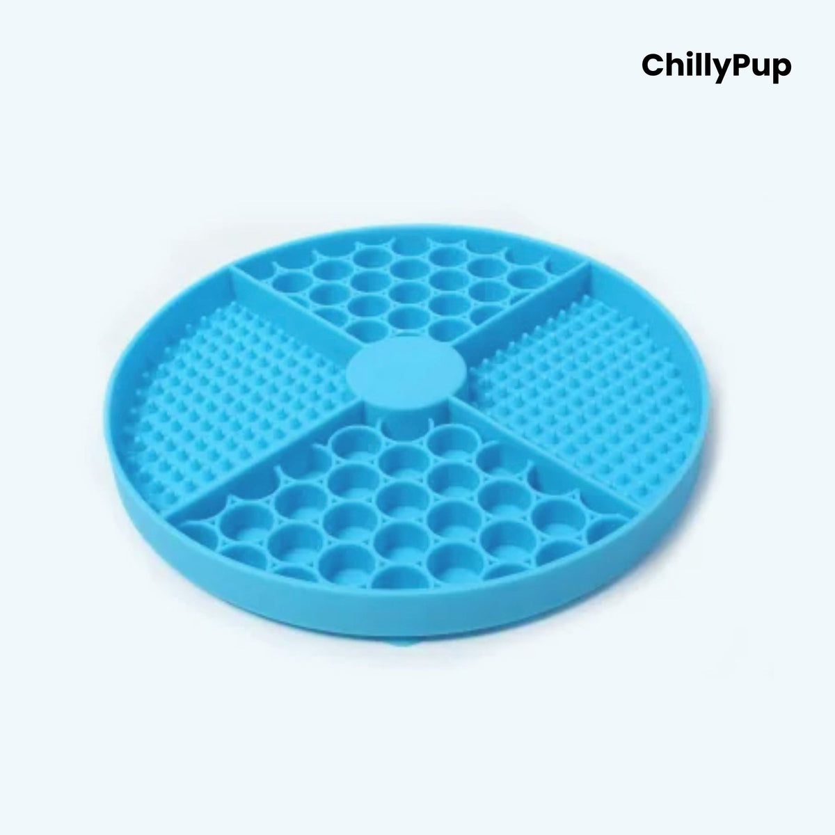 Blue silicone mat with honeycomb pattern on a white background, branded 'ChillyPup'.