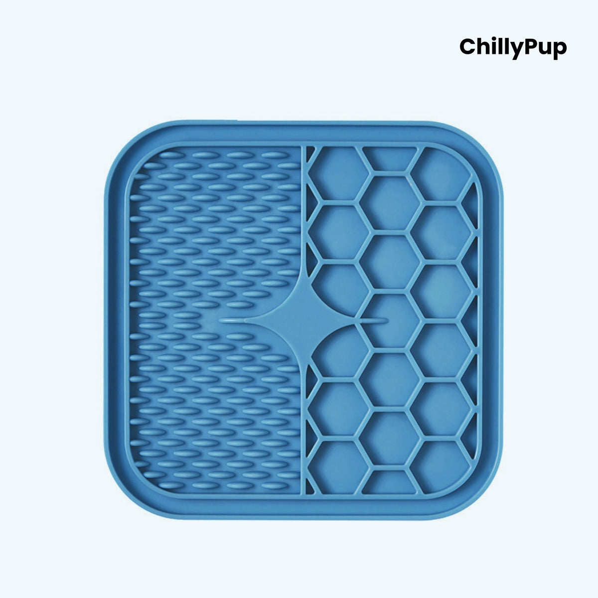 Blue silicone mat with textured surface and honeycomb pattern on a white background, branded 'ChillyPup'.