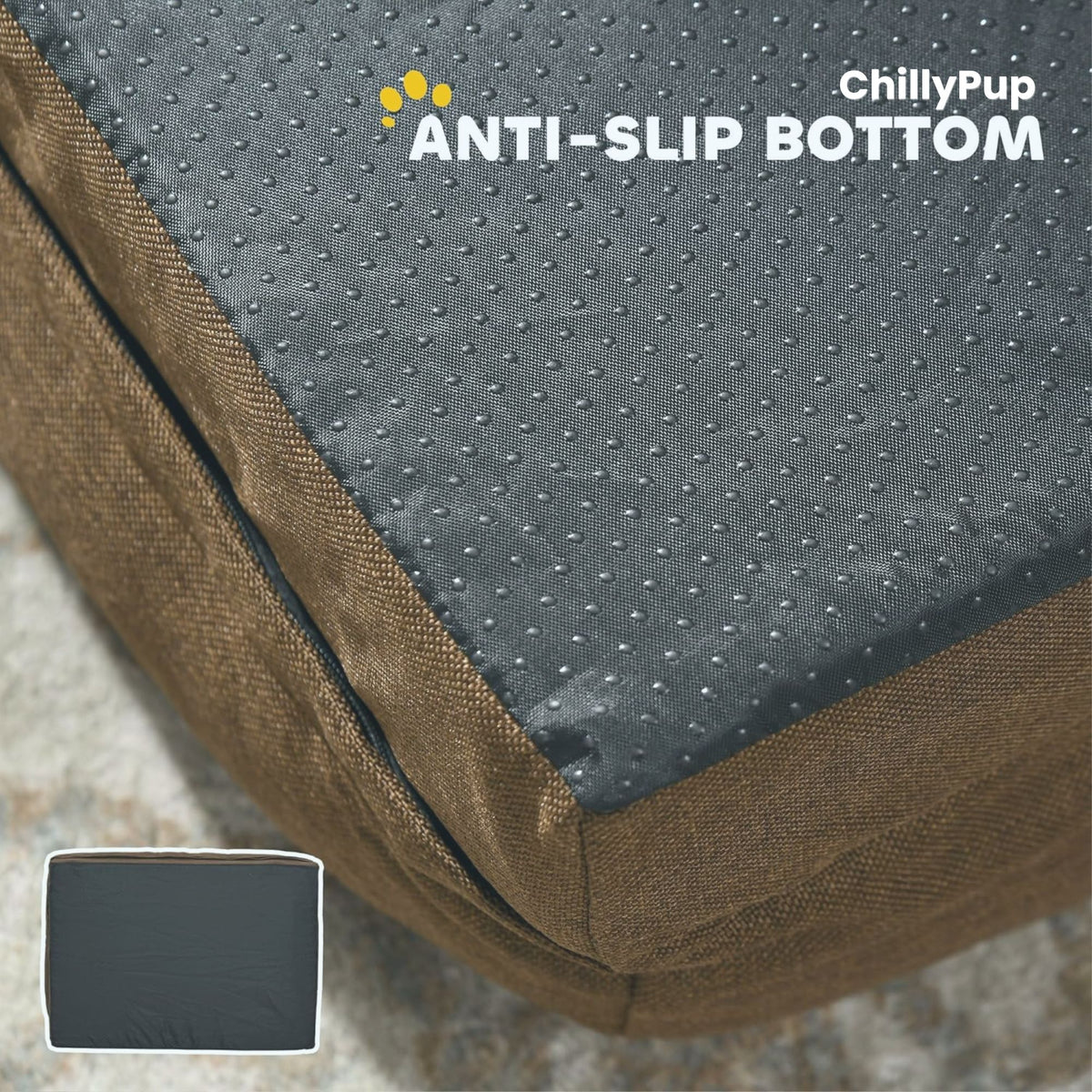 Dog bed with anti-slip bottom and ChillyPup branding on a textured surface