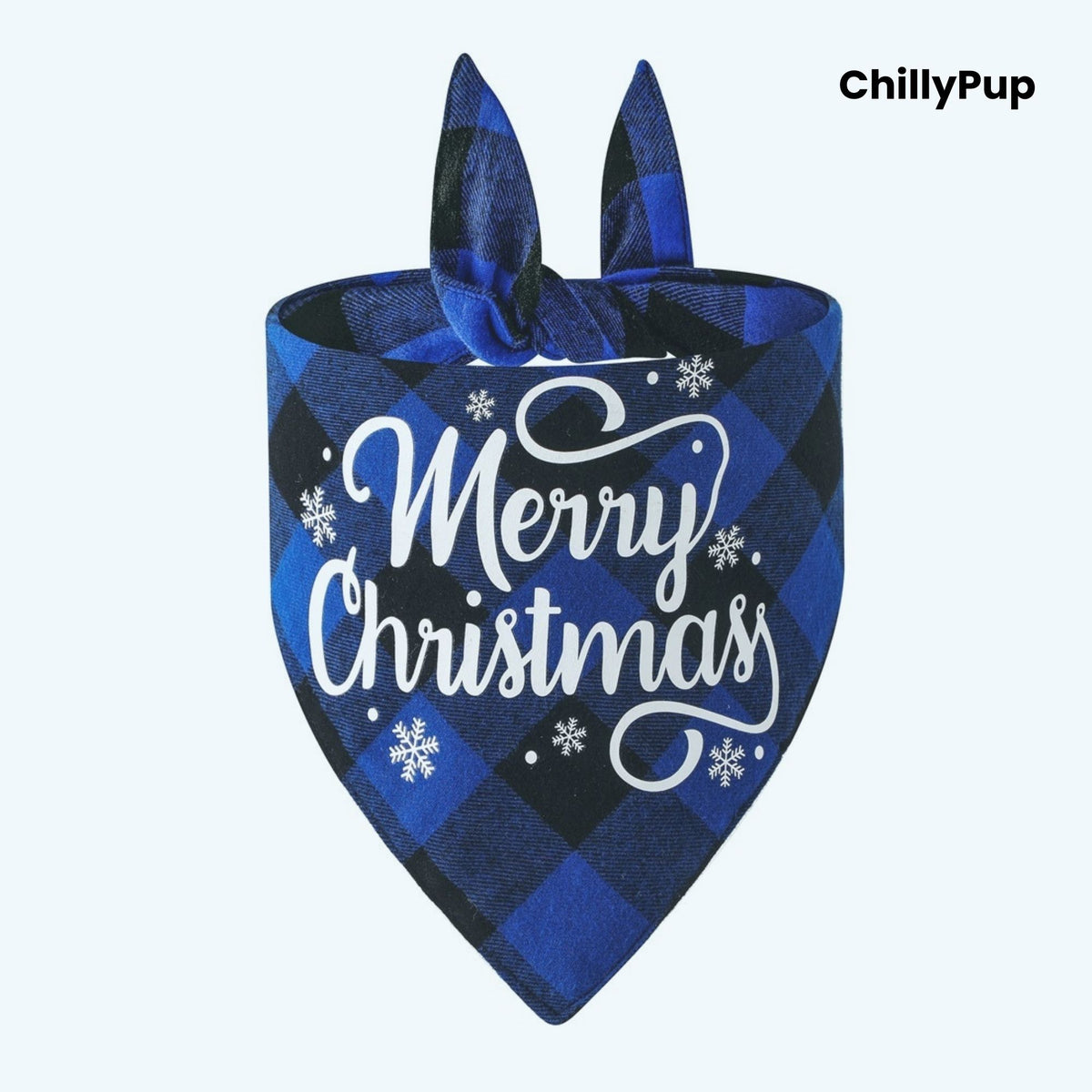 Blue plaid dog bandana with 'Merry Christmas' text design on a white background, branded 'ChillyPup'.