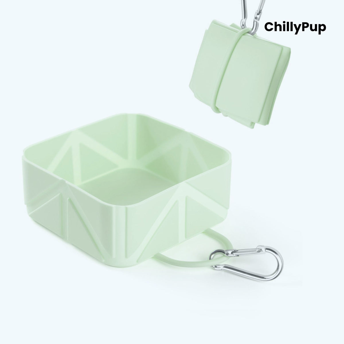 Green foldable travel dog bowl with ChillyPup branding.