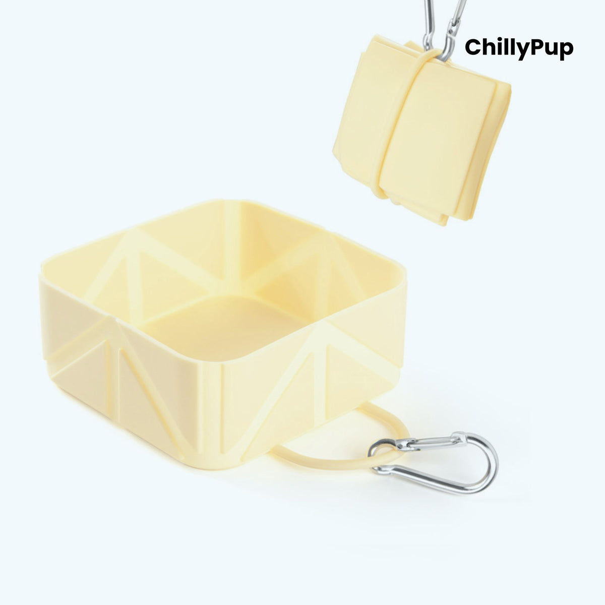 Yellow foldable travel dog bowl with ChillyPup branding.