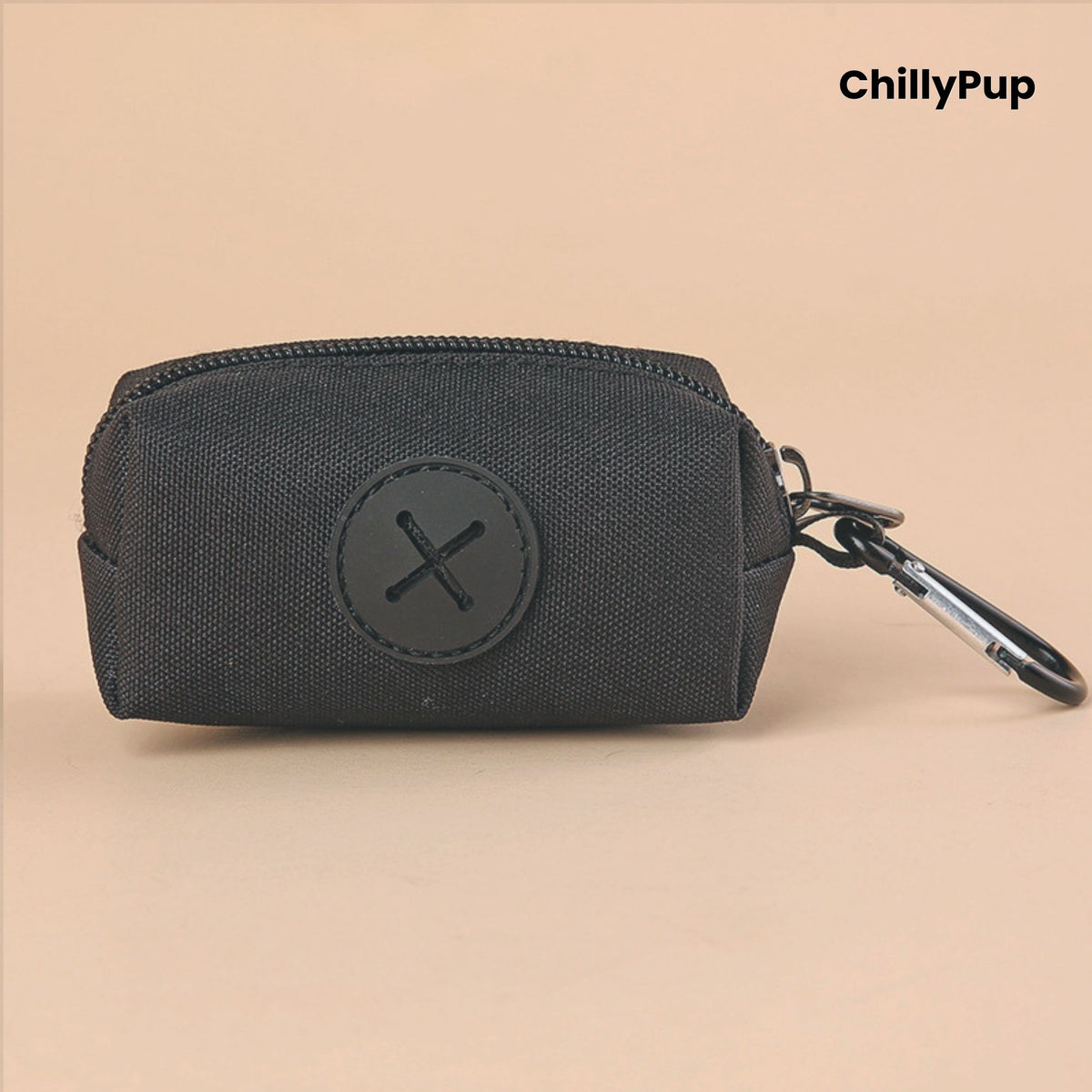 Black Poo Bag Holder with black zipper and carabiner on a beige background, featuring the brand 'ChillyPup'.