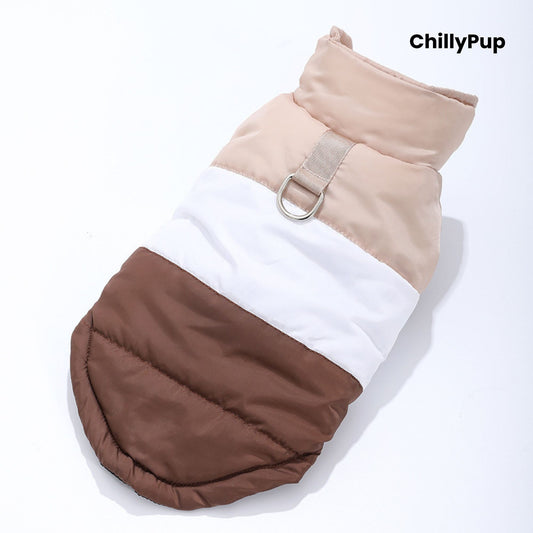 Dog coat with build in D rinf on a white background with Chillpup branding