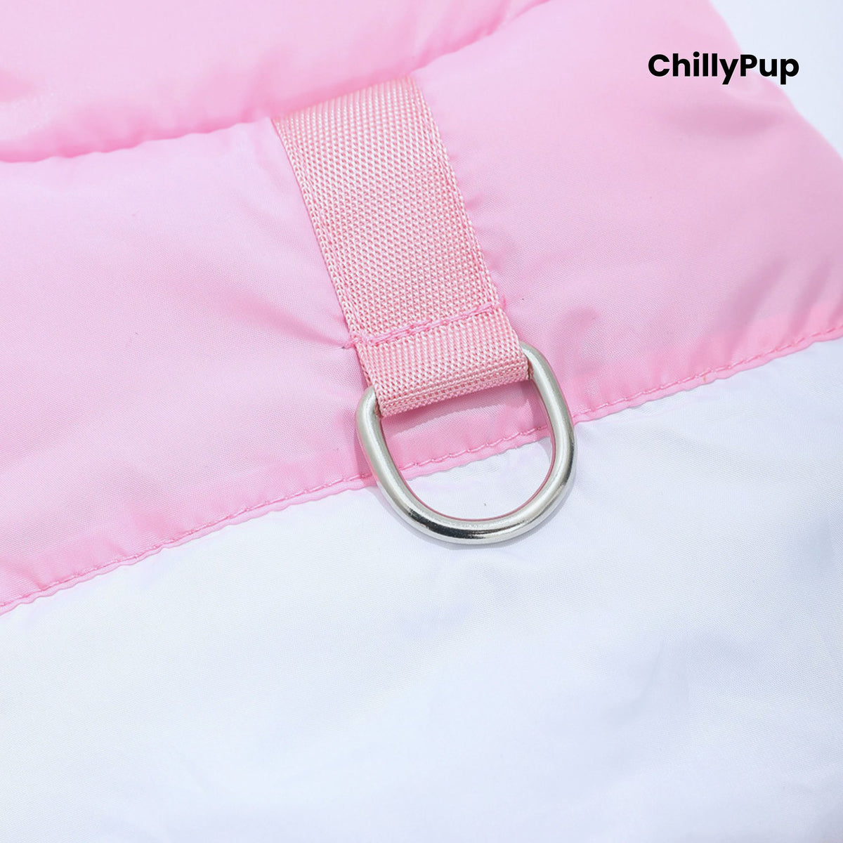 Dog coat with build in D rinf on a white background with Chillpup branding