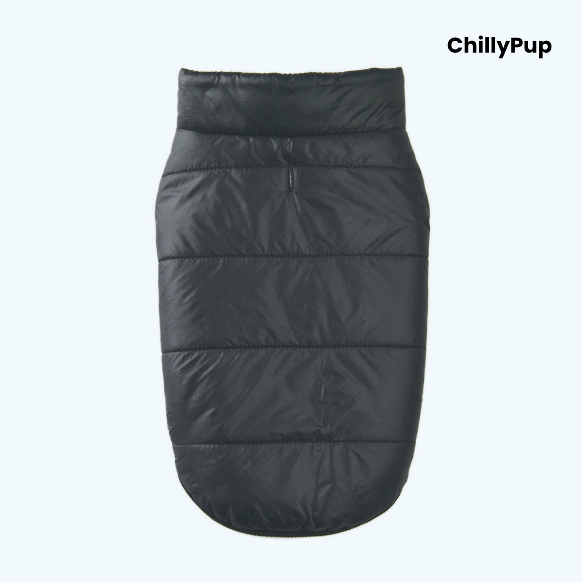 Black dog coat with 'ChillyPup' branding on a white background