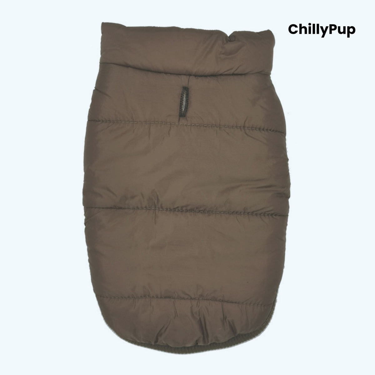 Brown dog coat with 'ChillyPup' branding on a white background