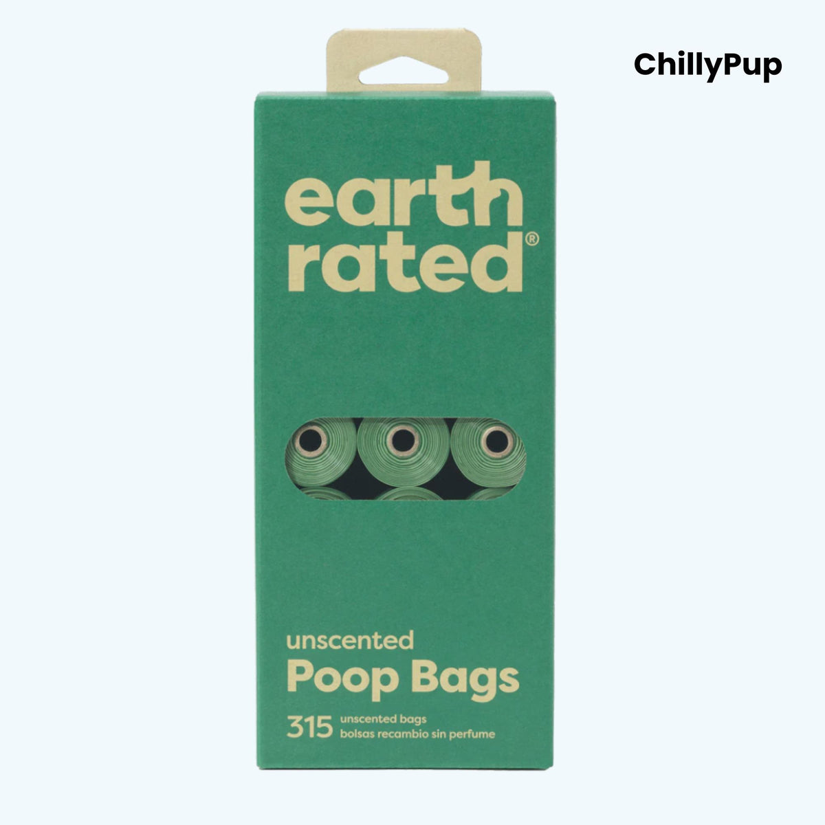 Green package of earth rated unscented poop bags with 'ChillyPup' branding.