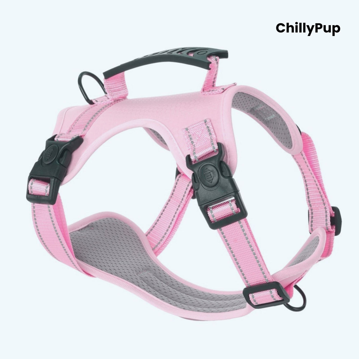 Pink dog harness with grey padding on a white background, branded 'ChillyPup'.