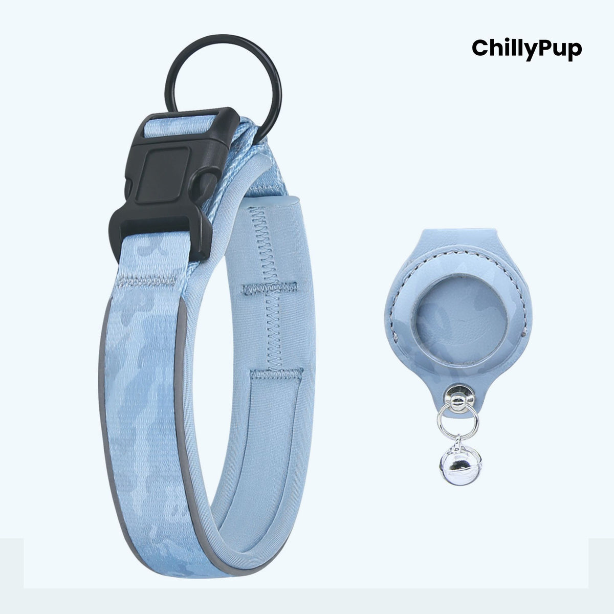 Blue dog collar with reflective on a white background, branded 'ChillyPup'.
