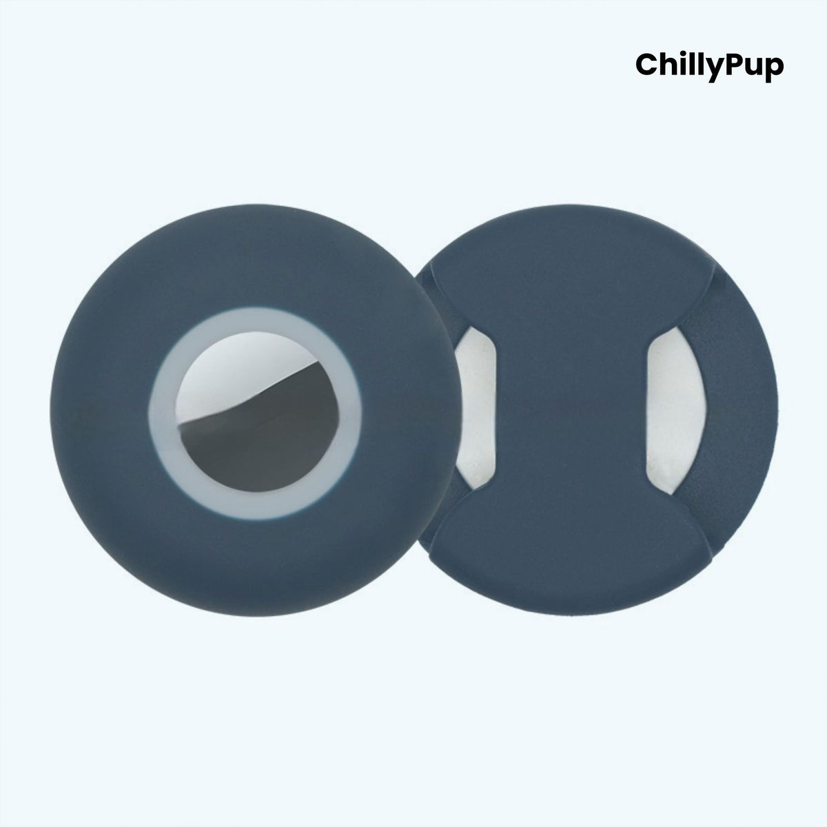 Silicone apple airtag dog collar holder on a white background with ChillyPup branding.