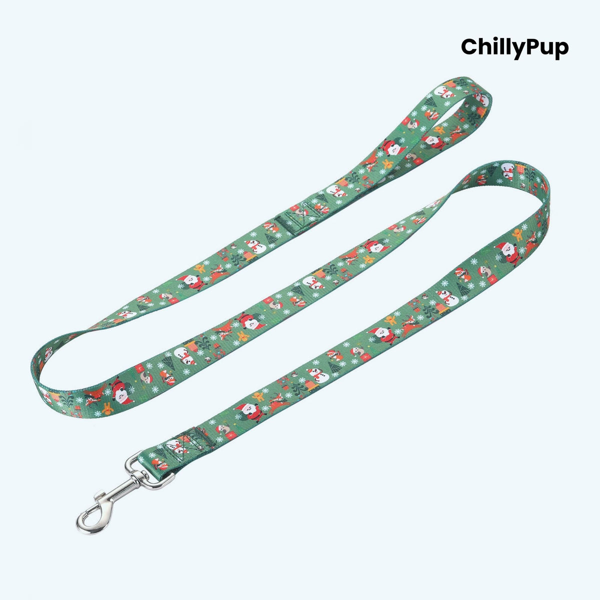 Green dog lead with Christmas-themed pattern on a white background, branded 'ChillyPup'.