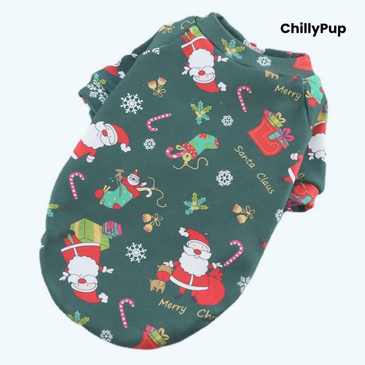 Festive Dog Jumper – Santa Print in green with CHillypup branding 