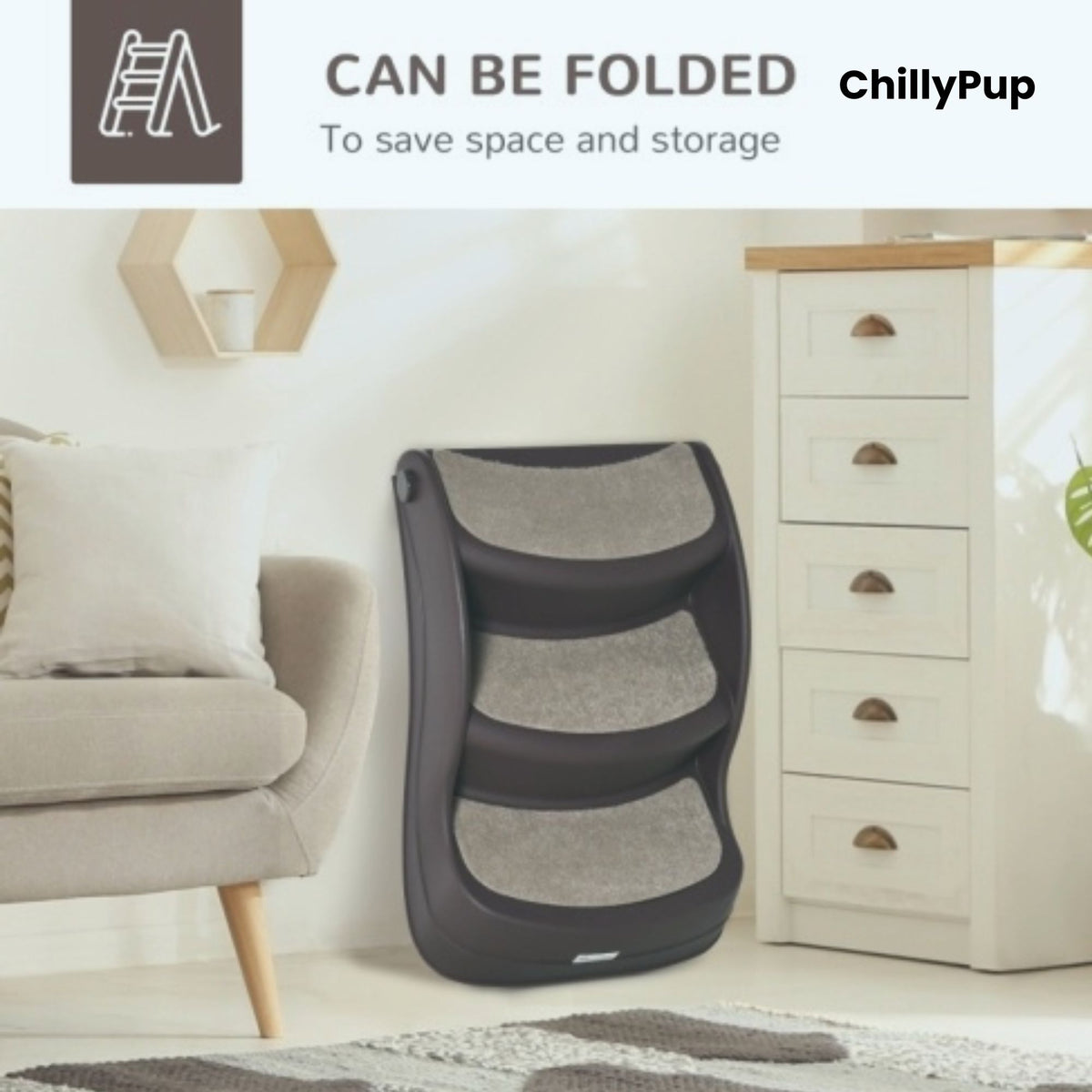 Foldable pet ramp with 'ChillyPup' branding in a living room setting