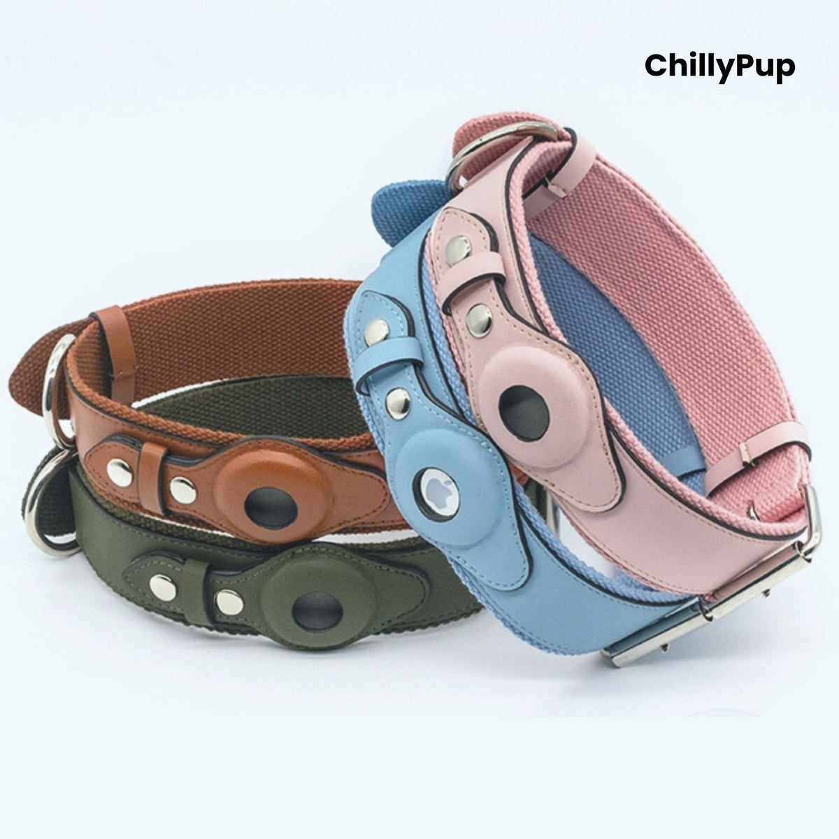 Four air tag dog collars in brown, green, blue, and pink with 'ChillyPup' branding on a white background.