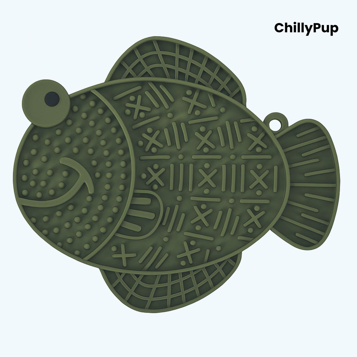Green fish-shaped dog lick pad on a white background, branded 'ChillyPup'.