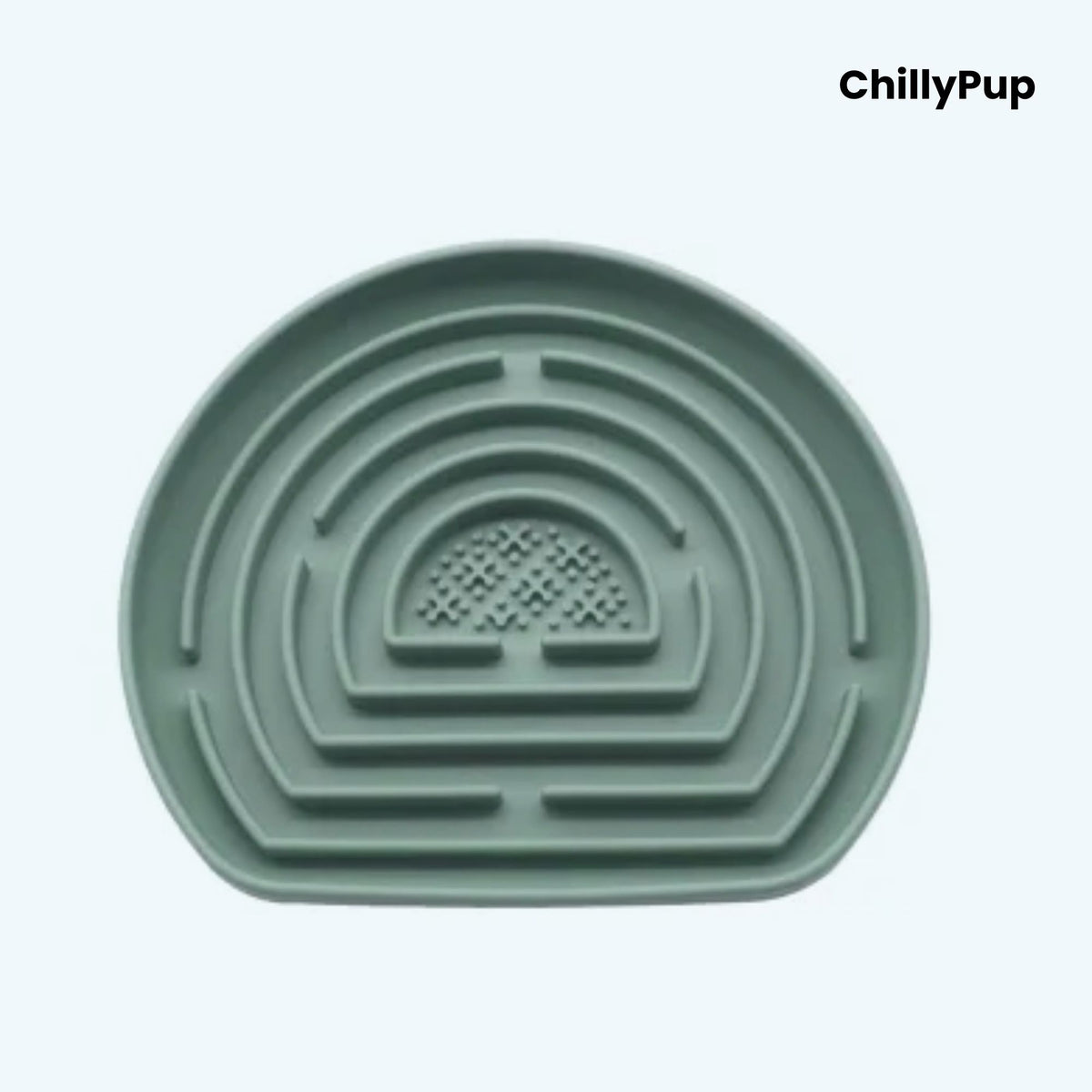 Green pet bowl with maze design on a light purple background, branded 'ChillyPup'.